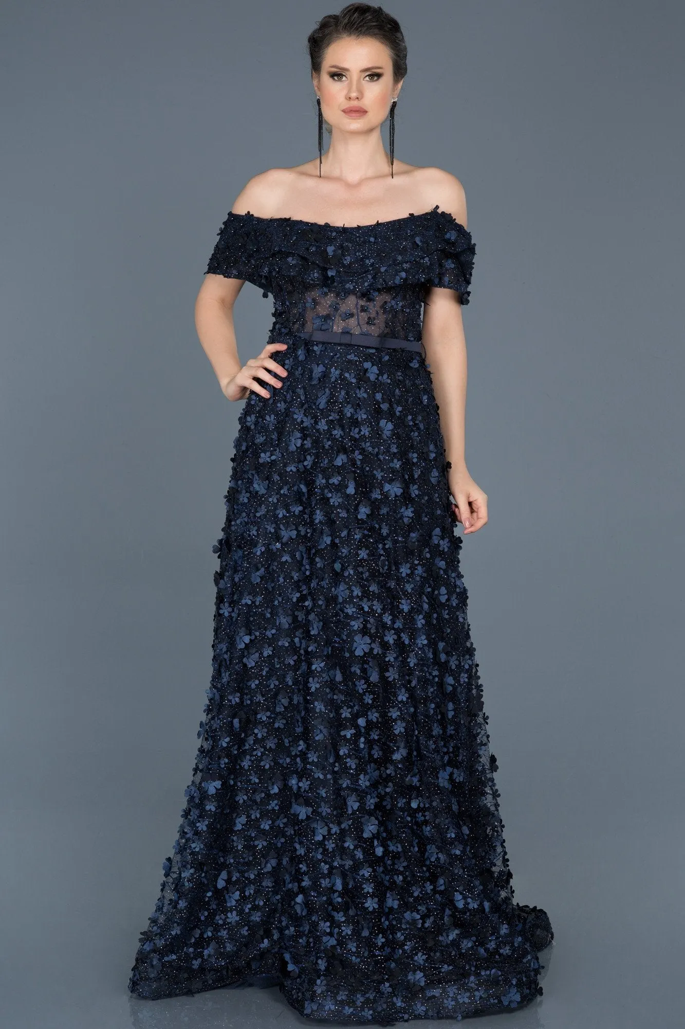 16090 Navy Blue Strapless Floral Applique Evening Gown