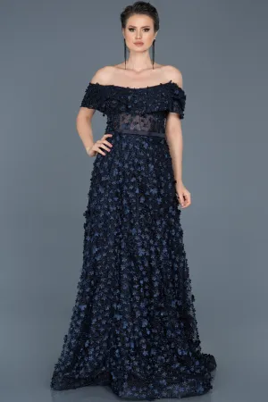 16090 Navy Blue Strapless Floral Applique Evening Gown