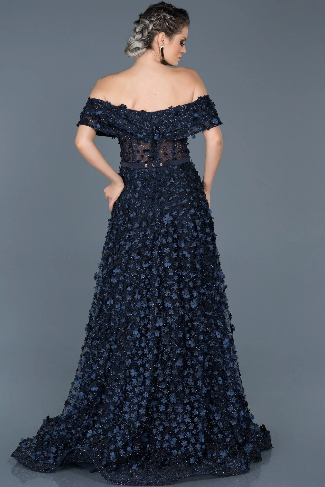 16090 Navy Blue Strapless Floral Applique Evening Gown