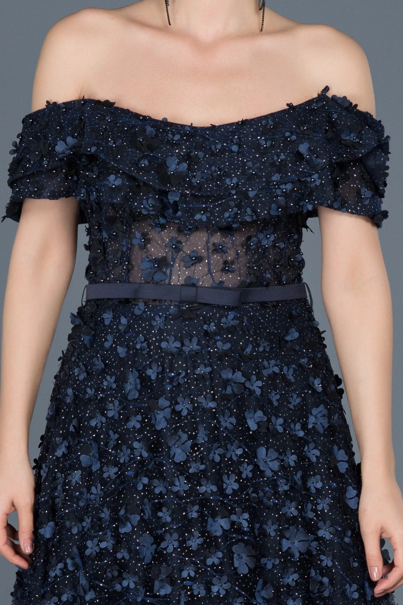 16090 Navy Blue Strapless Floral Applique Evening Gown