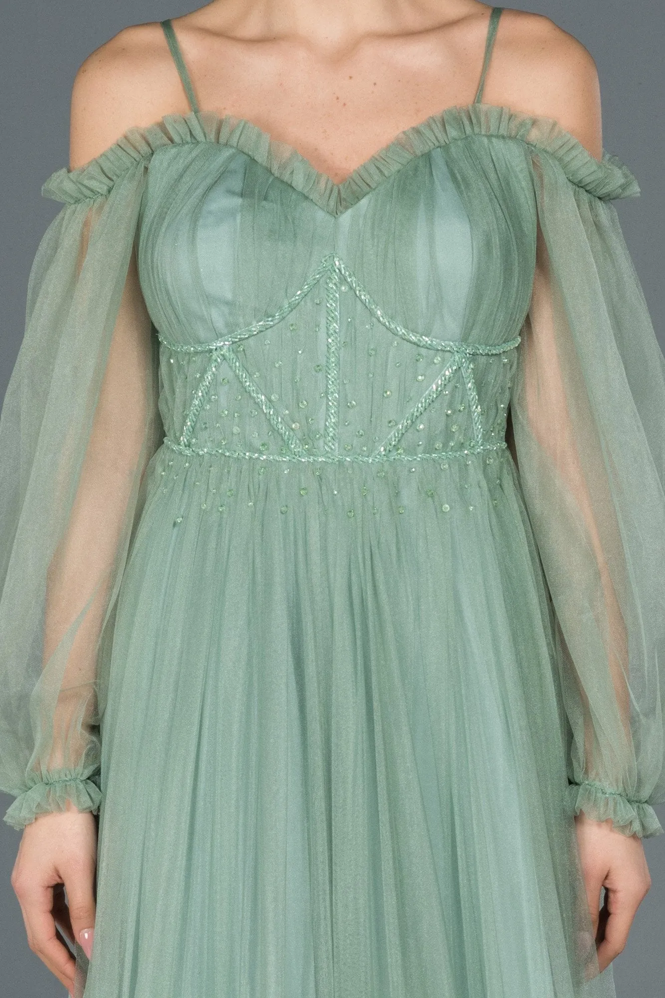 16642 Mint Ruffle Collar Balloon Sleeve Tulle Dress