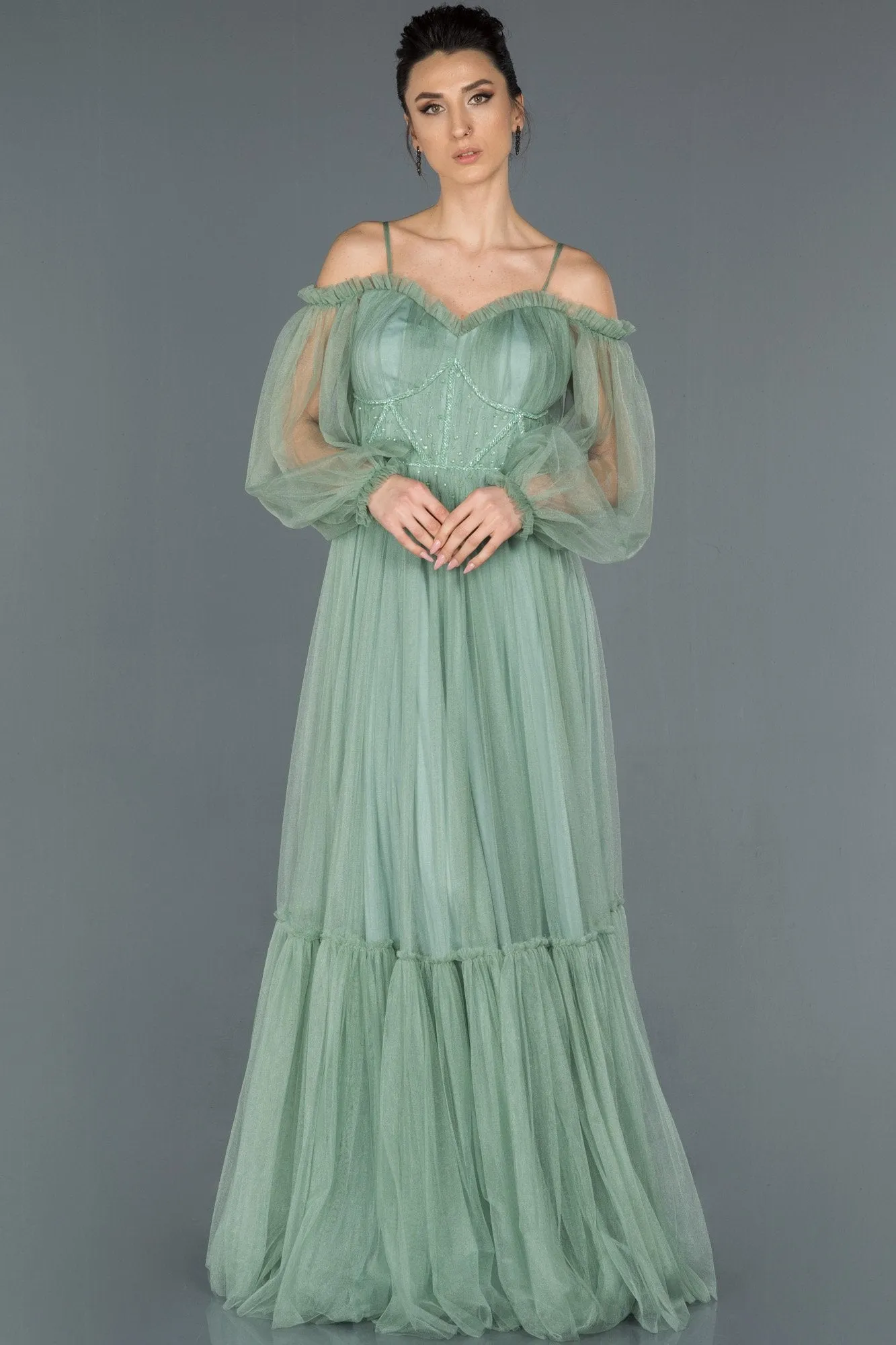 16642 Mint Ruffle Collar Balloon Sleeve Tulle Dress