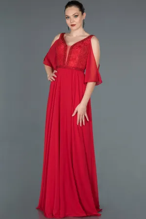 16686 Red Stone Embroidered Lace Chiffon Dress