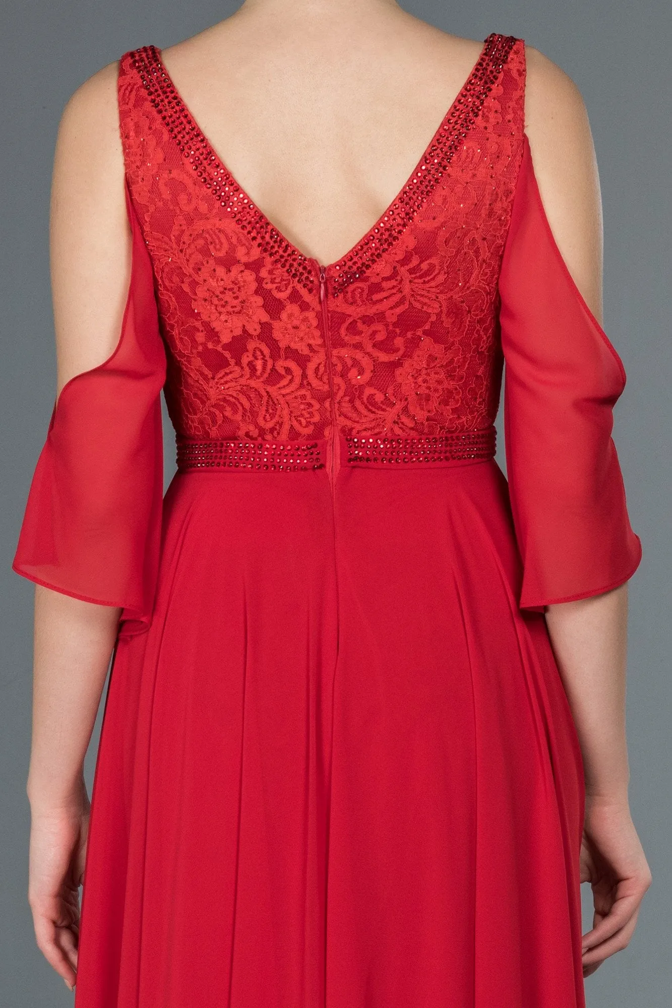 16686 Red Stone Embroidered Lace Chiffon Dress