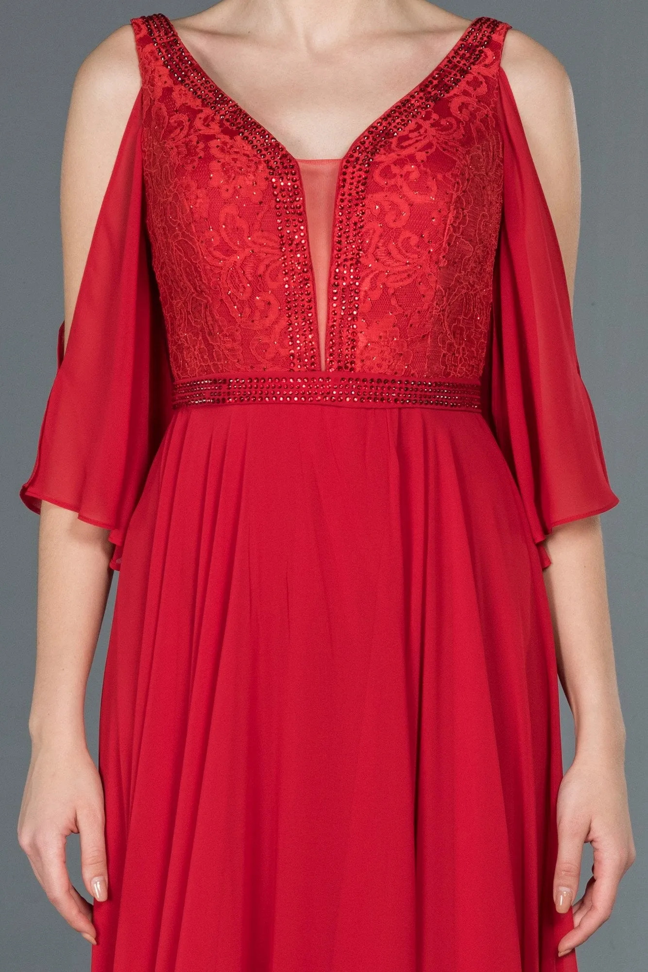 16686 Red Stone Embroidered Lace Chiffon Dress