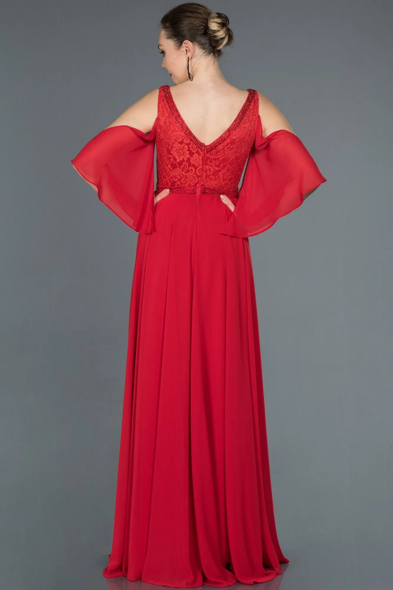 16686 Red Stone Embroidered Lace Chiffon Dress