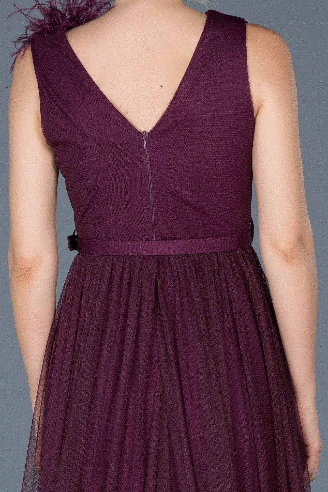 16735 Plum Feather Detail Belt Tulle Dress