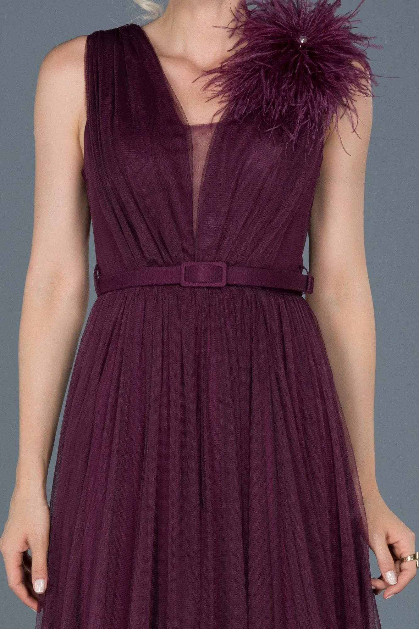 16735 Plum Feather Detail Belt Tulle Dress