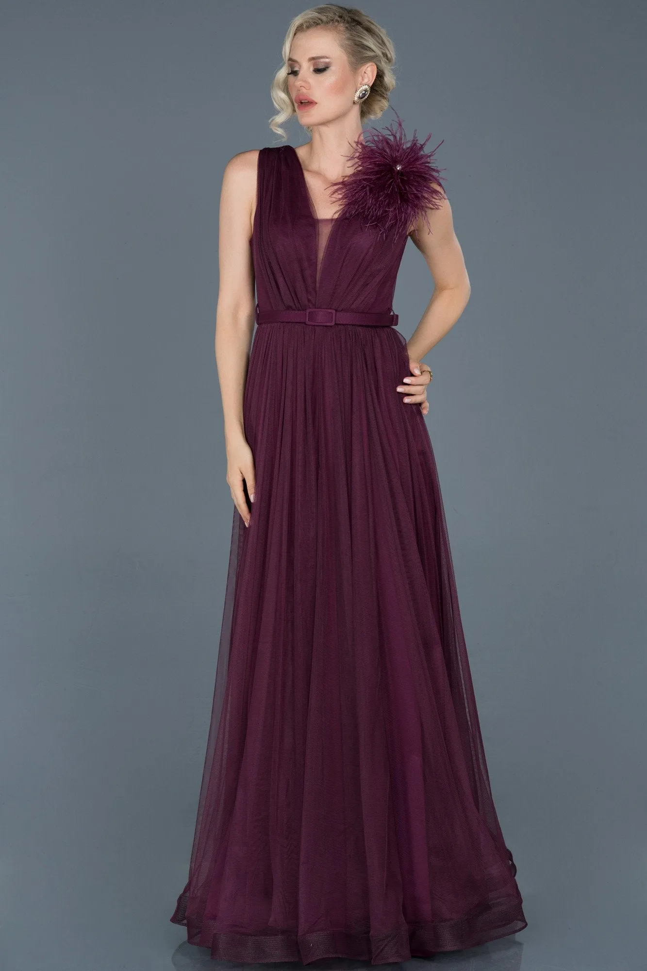 16735 Plum Feather Detail Belt Tulle Dress