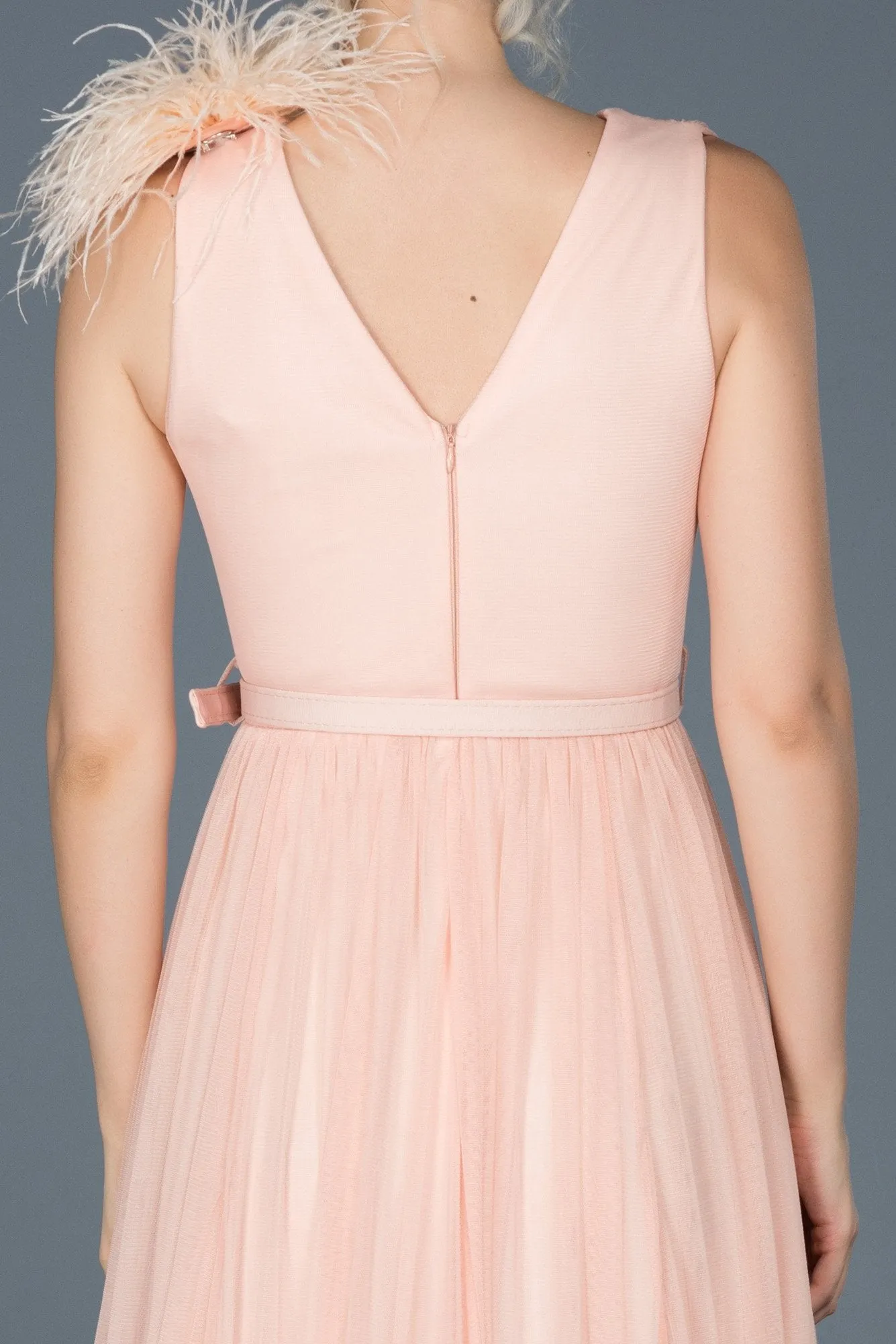 16736 Salmon Feather Detail Belt Tulle Dress