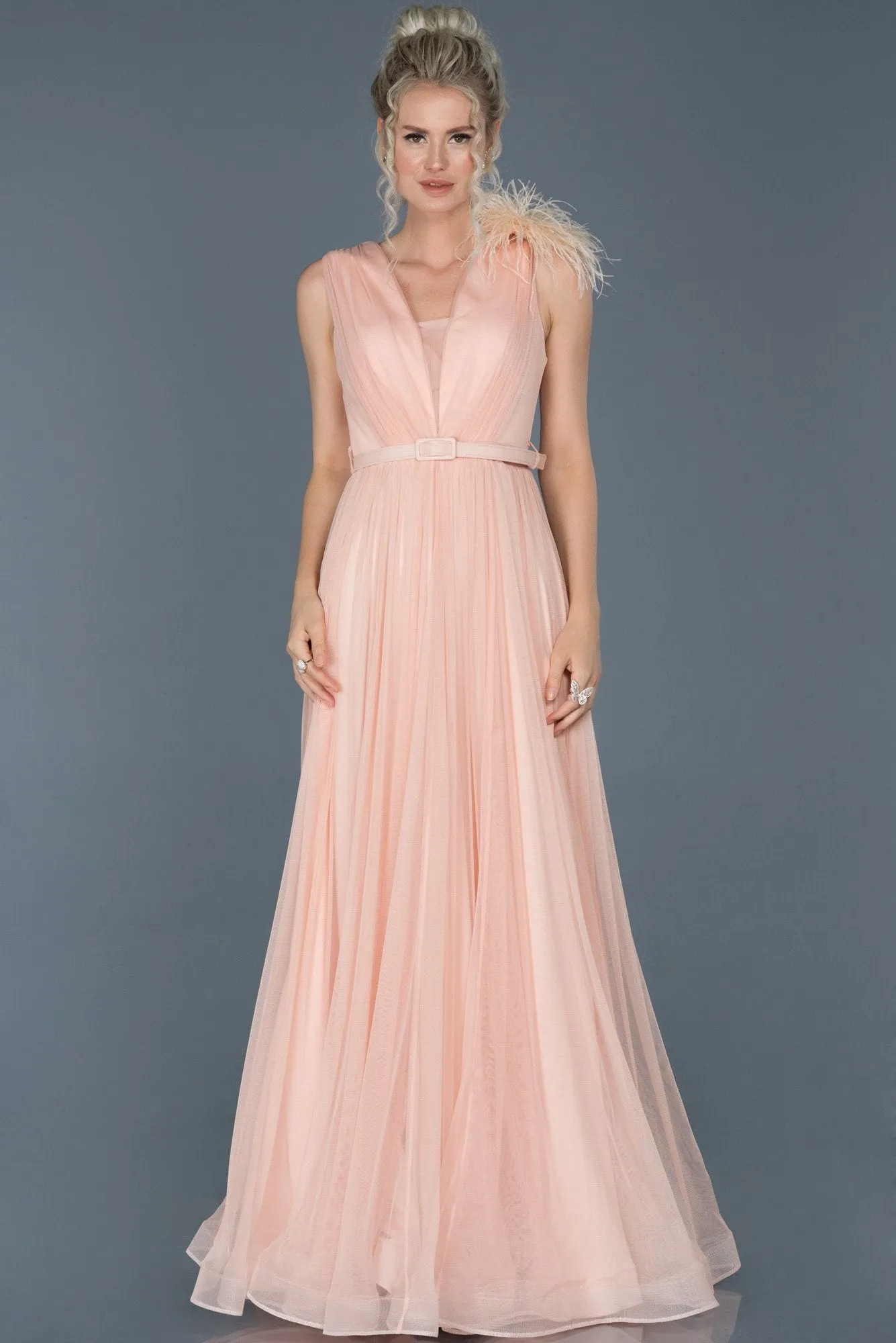 16736 Salmon Feather Detail Belt Tulle Dress