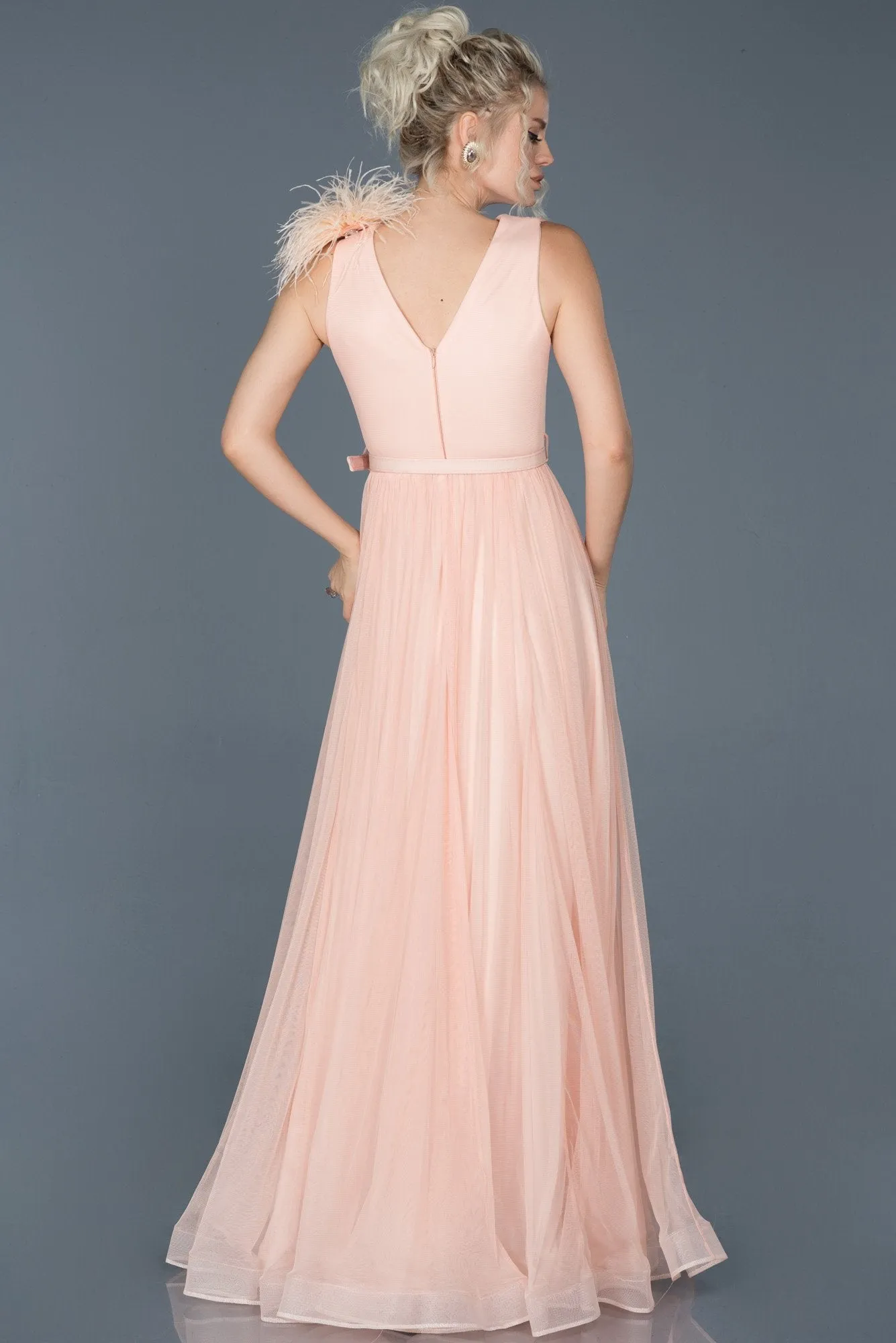 16736 Salmon Feather Detail Belt Tulle Dress