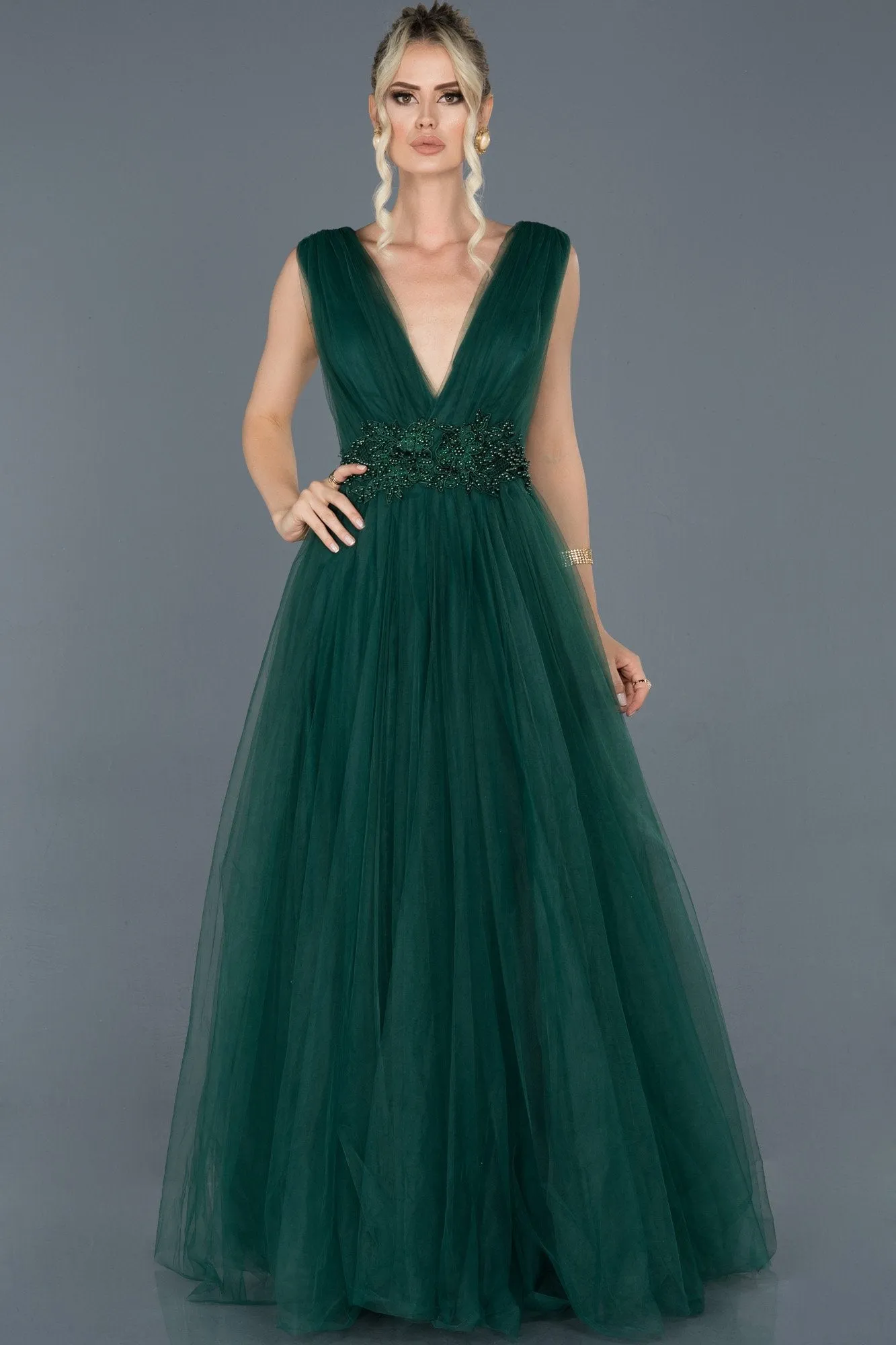 16743 Emerald Green Transparent Back Tulle Princess Dress