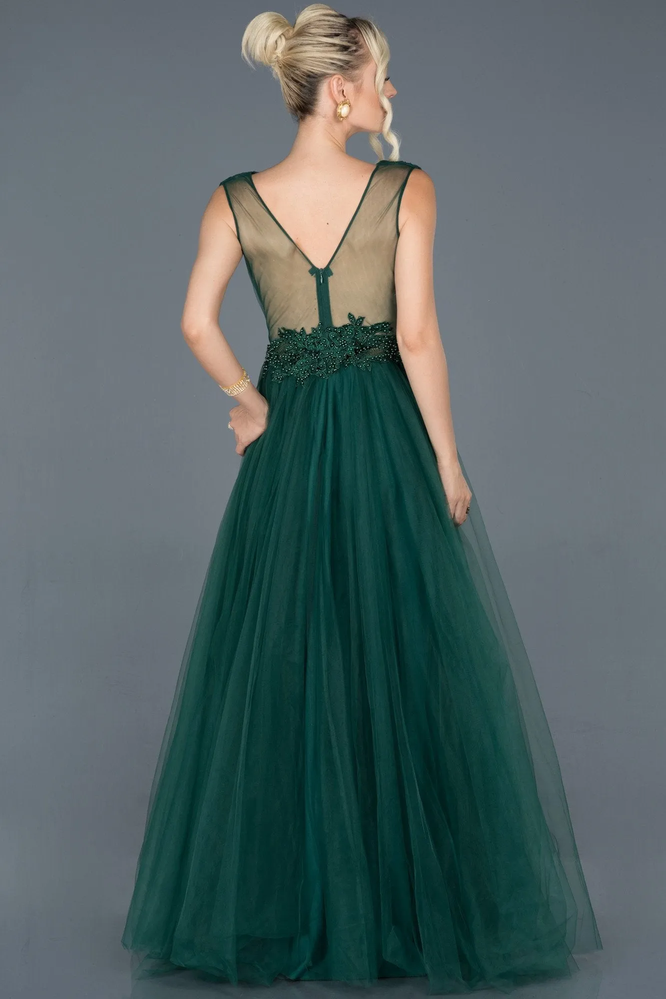 16743 Emerald Green Transparent Back Tulle Princess Dress