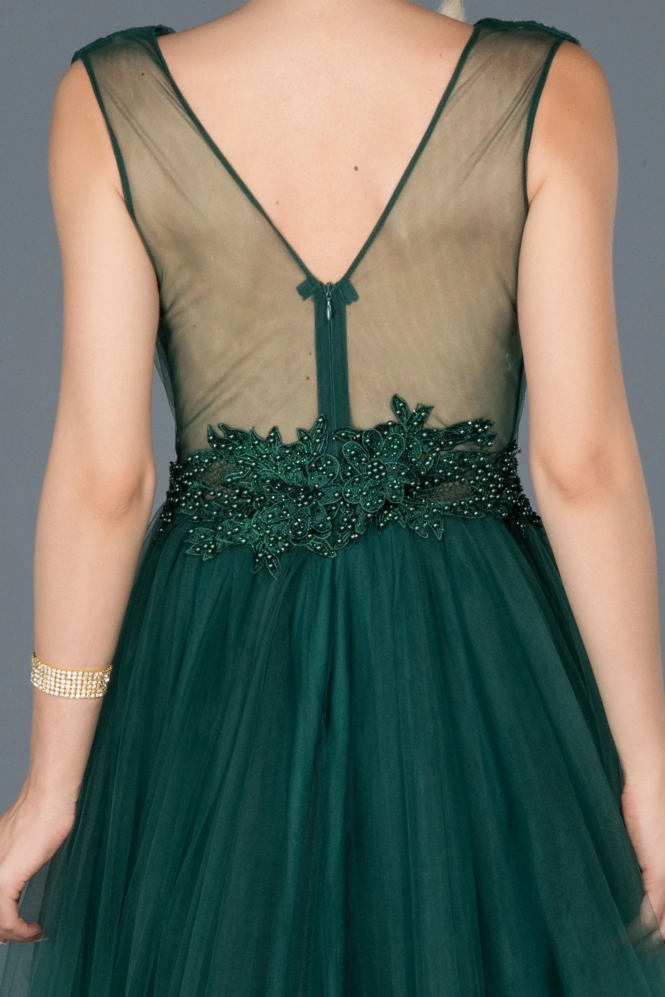 16743 Emerald Green Transparent Back Tulle Princess Dress