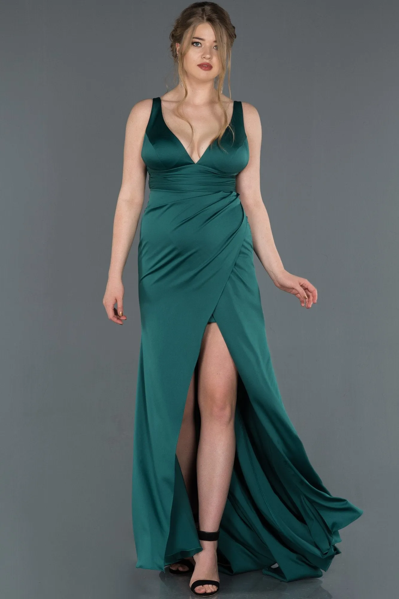 16816 Emerald Green Draped Wrap Skirt Satin Slit Dress