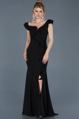 16920 Black Shoulder Decollete Slit Fish Evening Dress