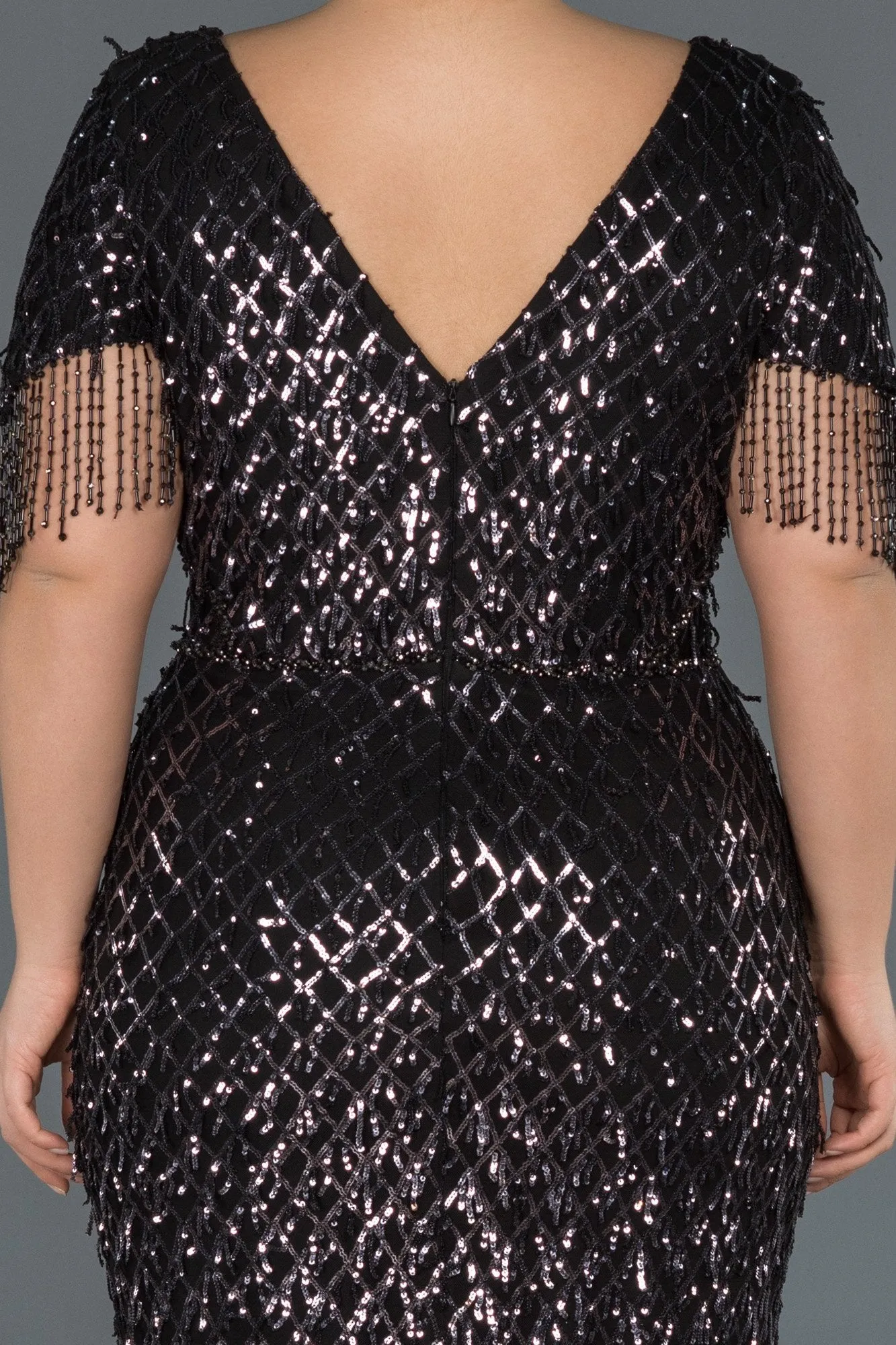 16960 Black-Silver Tasseled Sequined Mermaid Dress