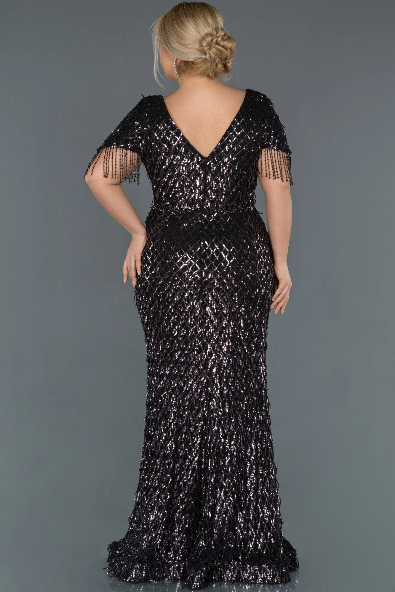 16960 Black-Silver Tasseled Sequined Mermaid Dress