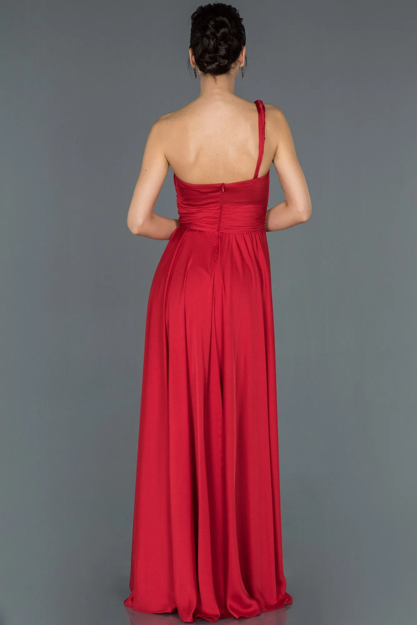 17010 Red One Shoulder Draped Slit Satin Dress