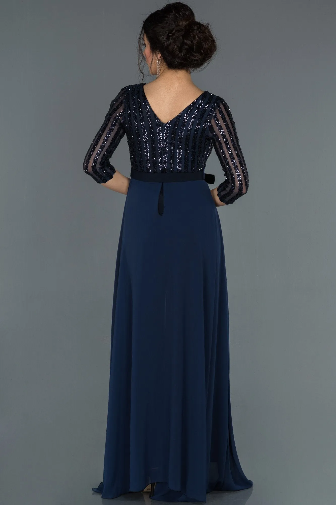 17020 Navy Blue Sequined Tulle Top Belt Chiffon Dress