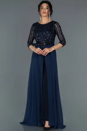 17020 Navy Blue Sequined Tulle Top Belt Chiffon Dress