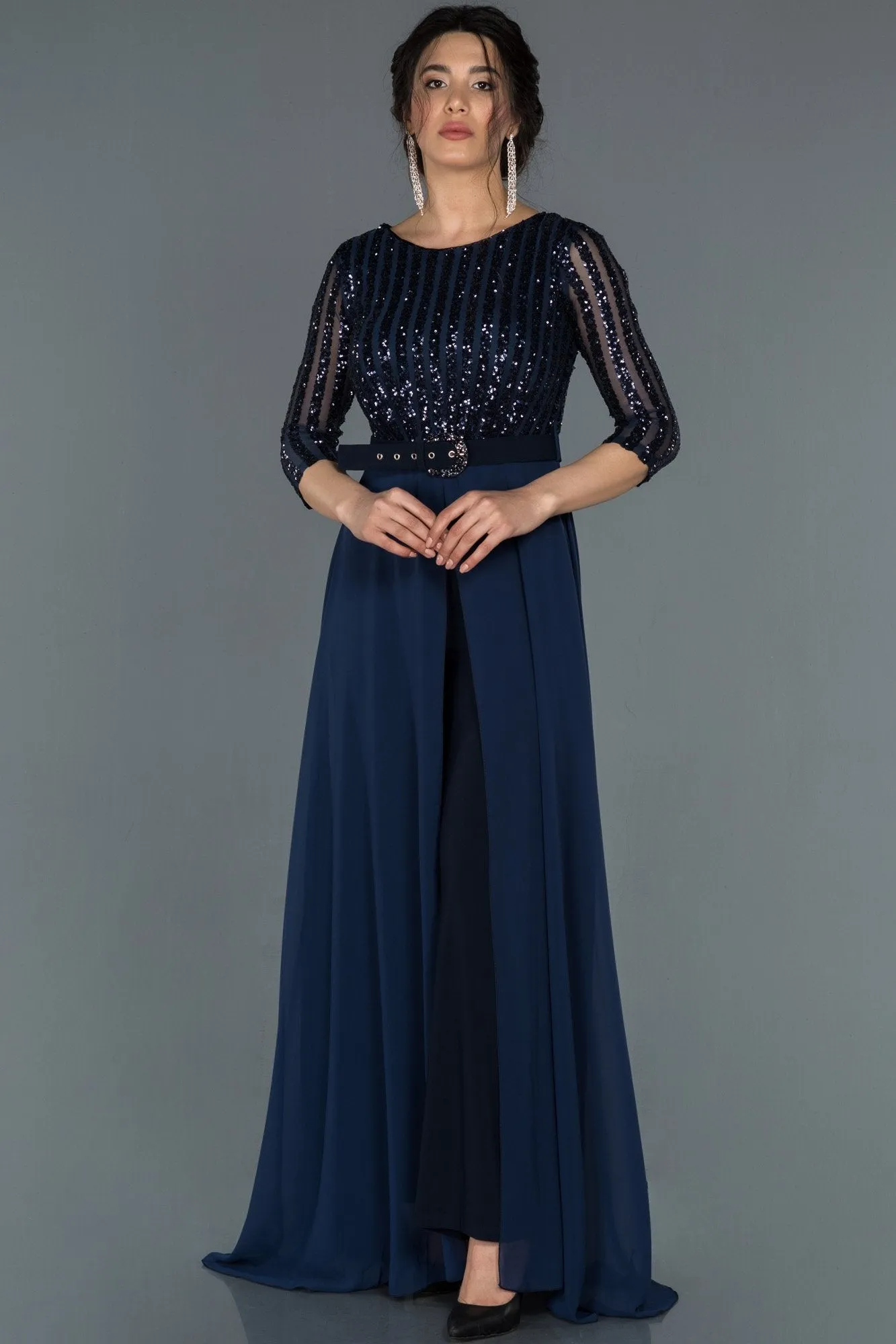 17020 Navy Blue Sequined Tulle Top Belt Chiffon Dress