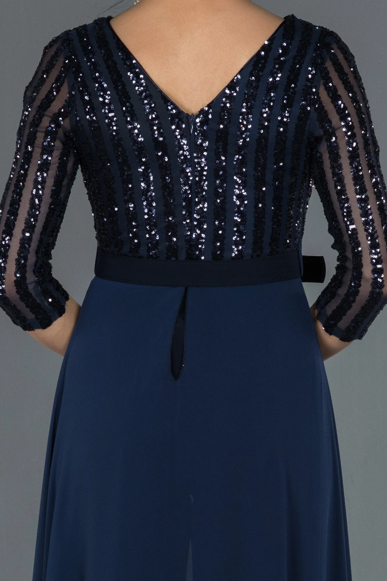 17020 Navy Blue Sequined Tulle Top Belt Chiffon Dress