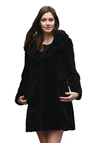 Adelaqueen Women's Winter Persian Lamb Fabulous Faux Fur Coat Stylish Outerwear Black With Hood Size S