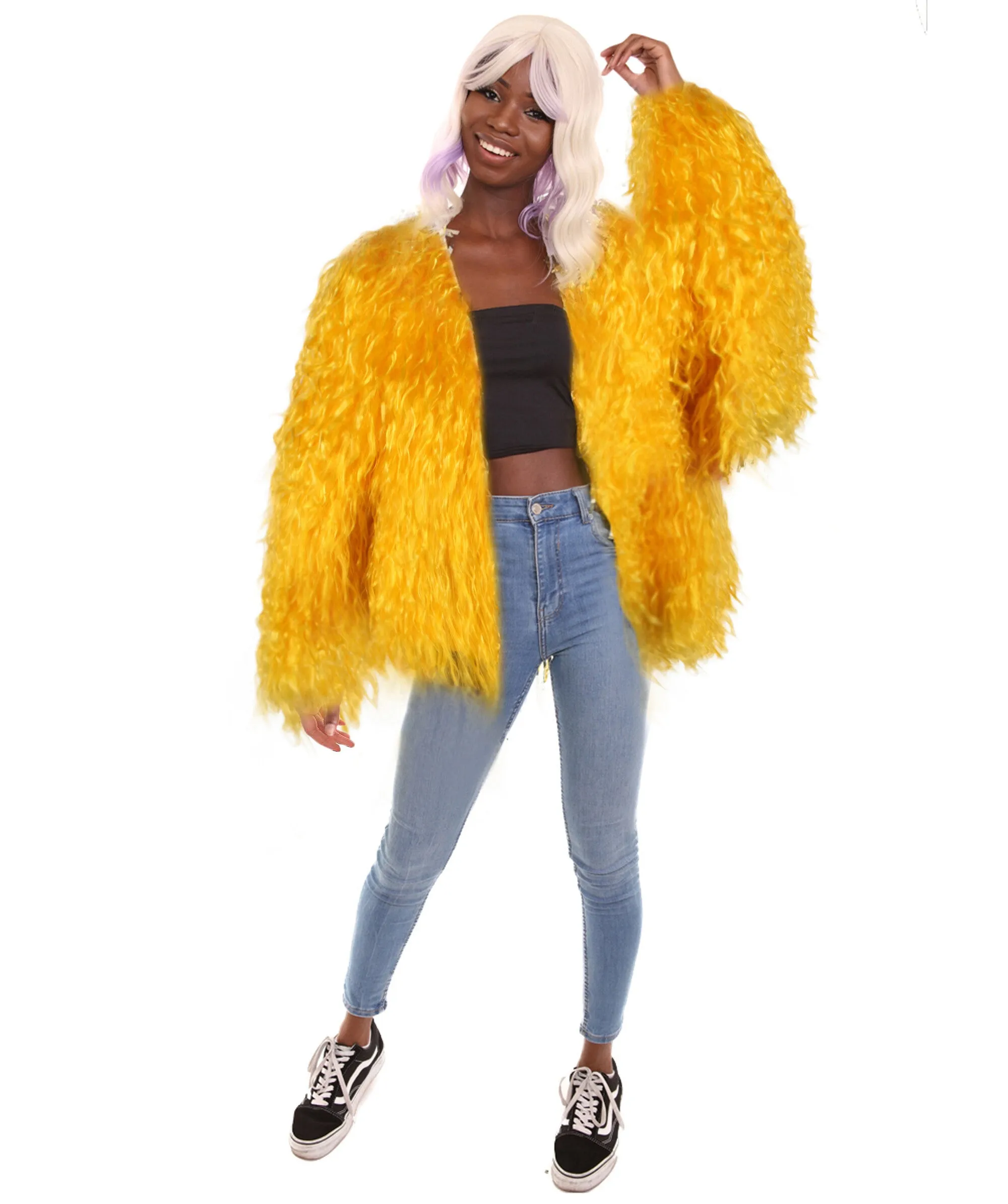 Adult Women’s Yellow Fur Faux Jacket for Cosplay Party| Breathable Synthetic Materials| Multiple Sizes & Color