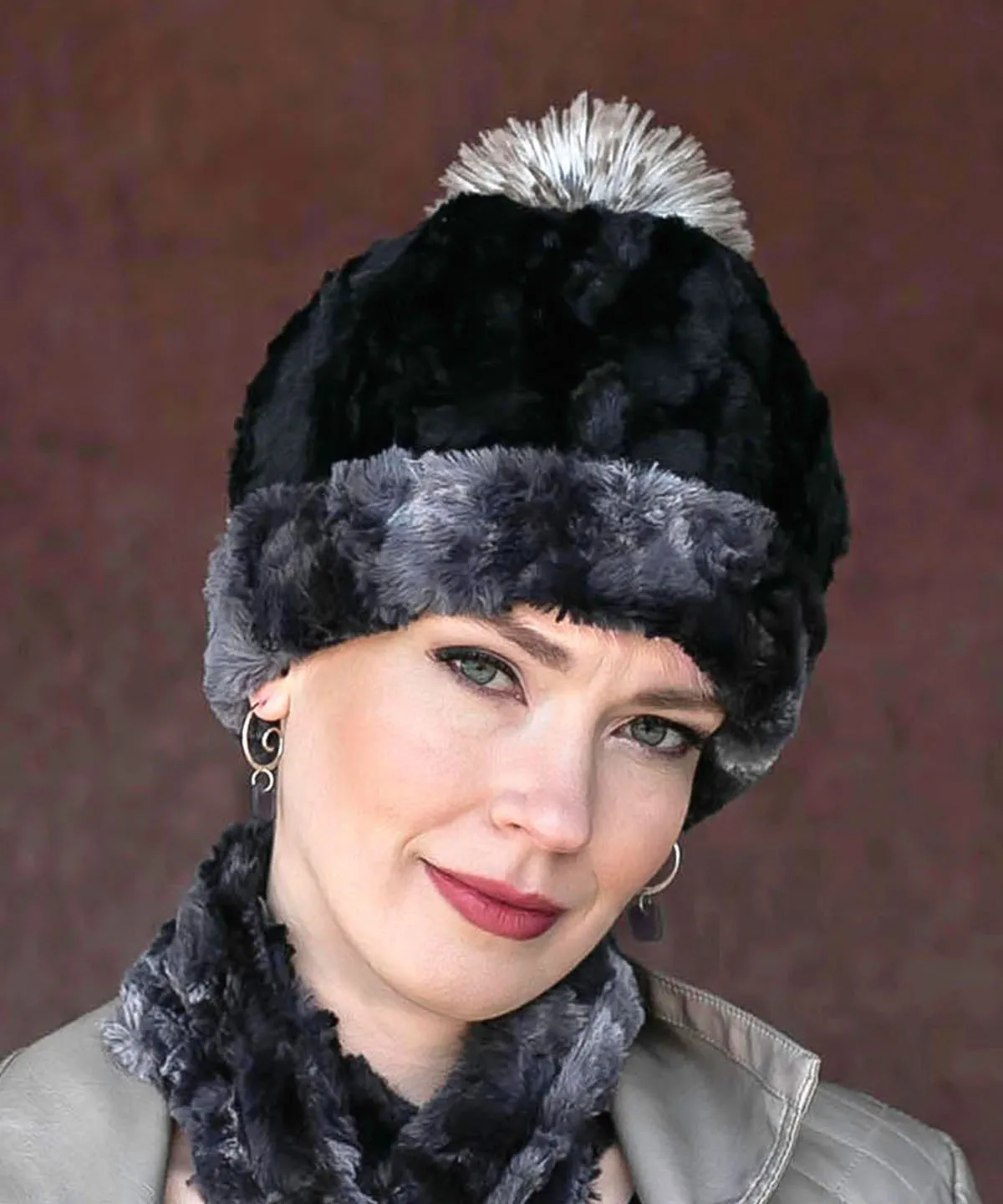 Beanie Hat, Reversible - Luxury Faux Fur in Highland Skye