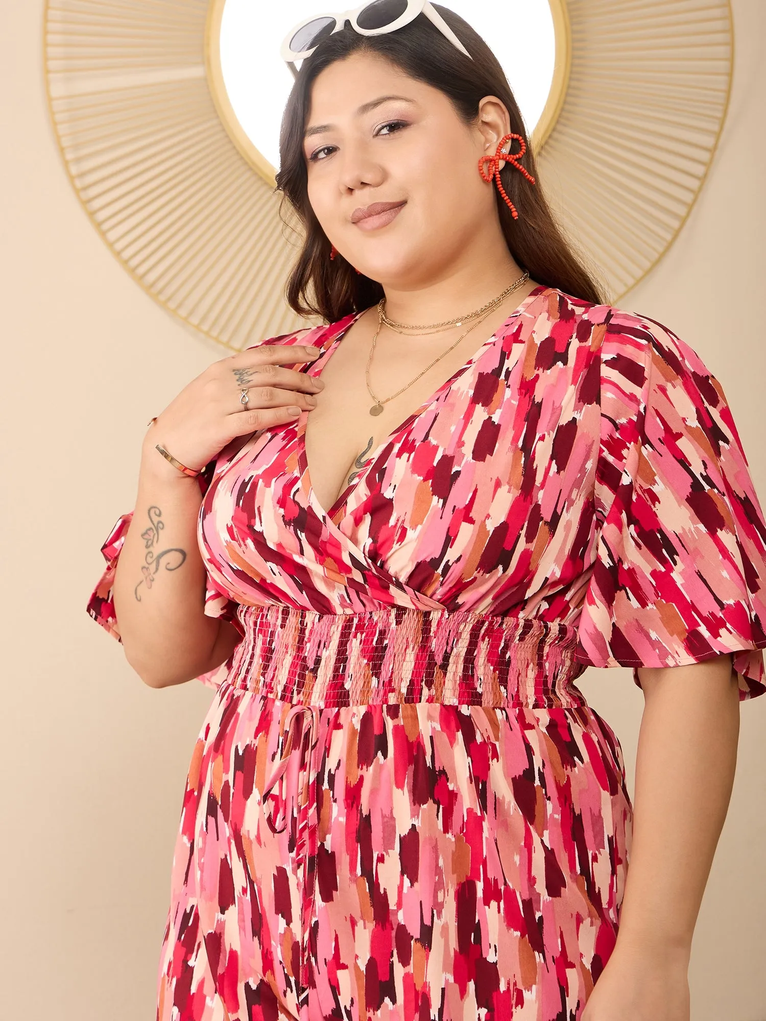 Berrylush Curve Women Pink Printed V-Neck Short sleeve Mini Jumpsuit