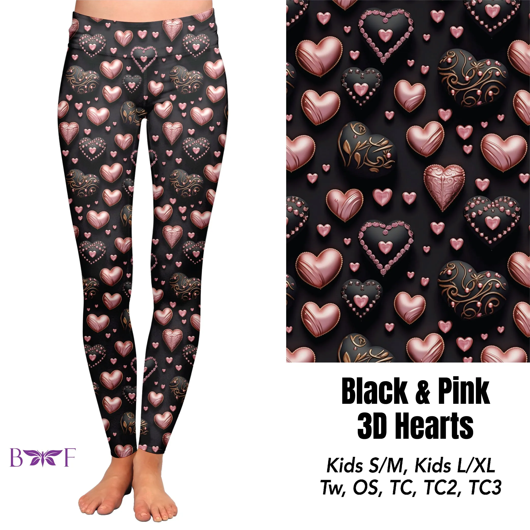 Black & Pink 3D hearts leggings with pockets