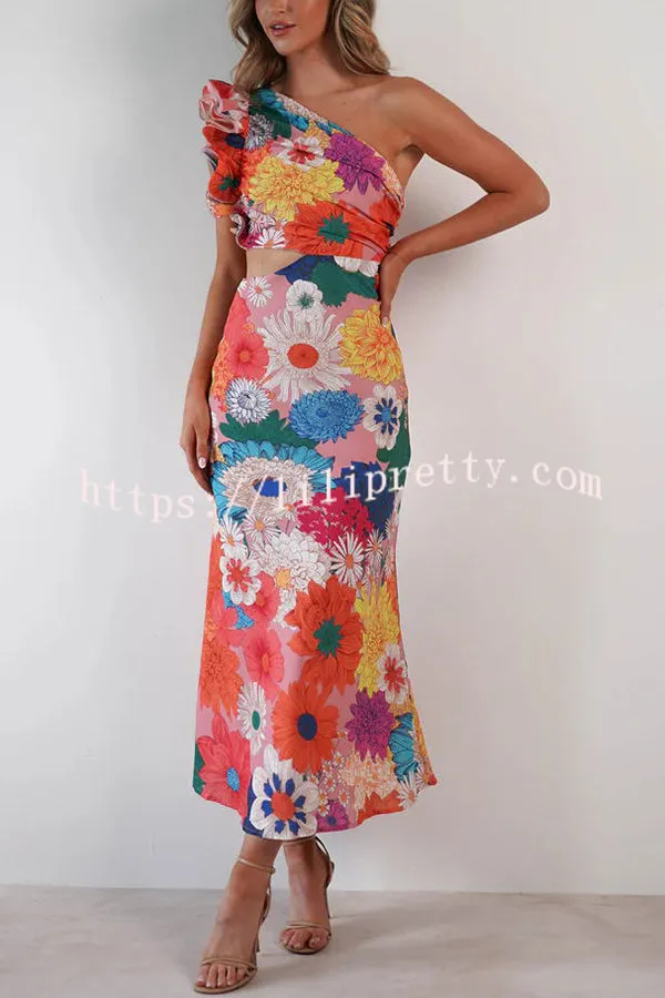 Bloom Wild Floral Print One Shoulder Ruffle Sleeve Cutout Waist Midi Dress