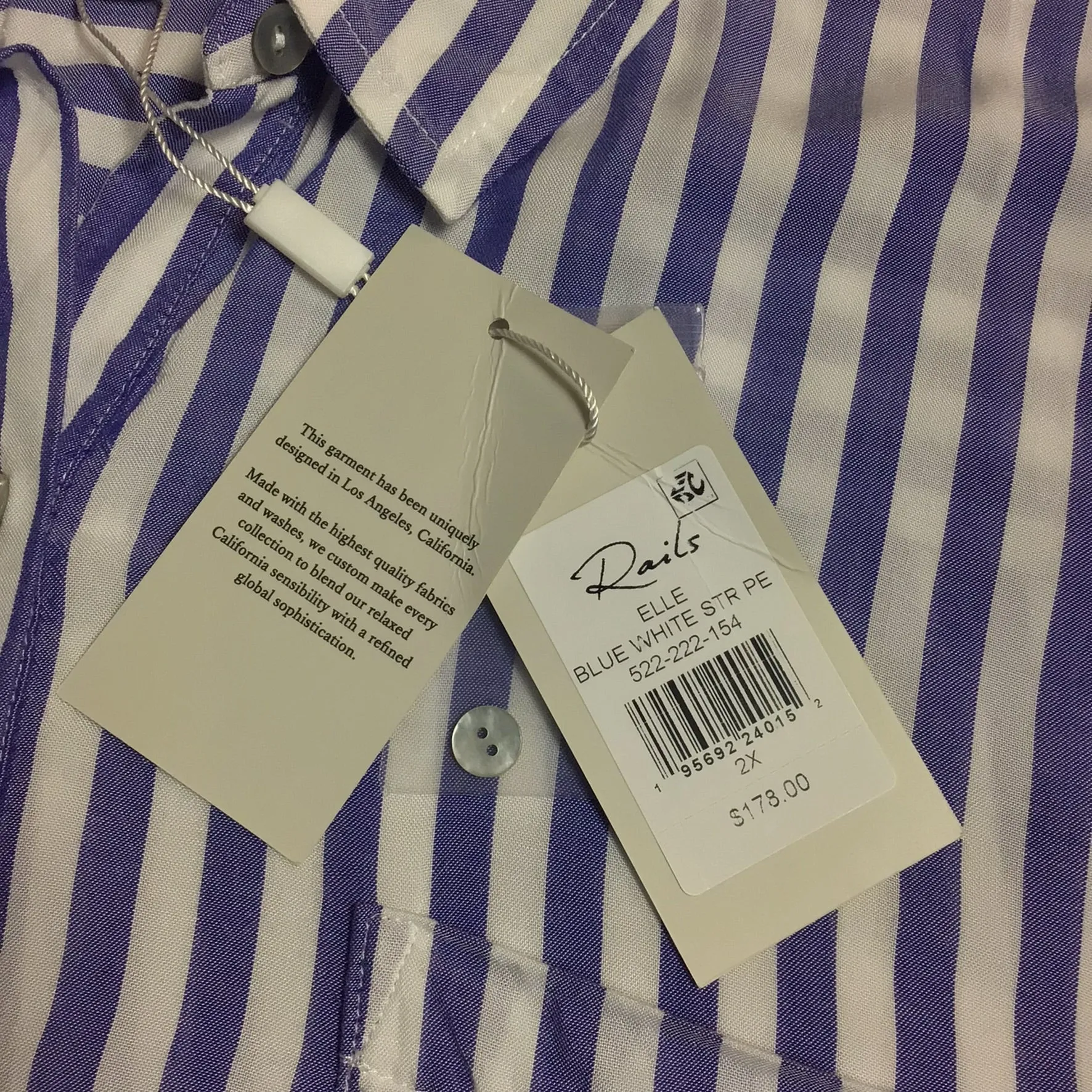 BNWT Rails 'Elle' Blue & White Striped Half Button Shirt Size XXL