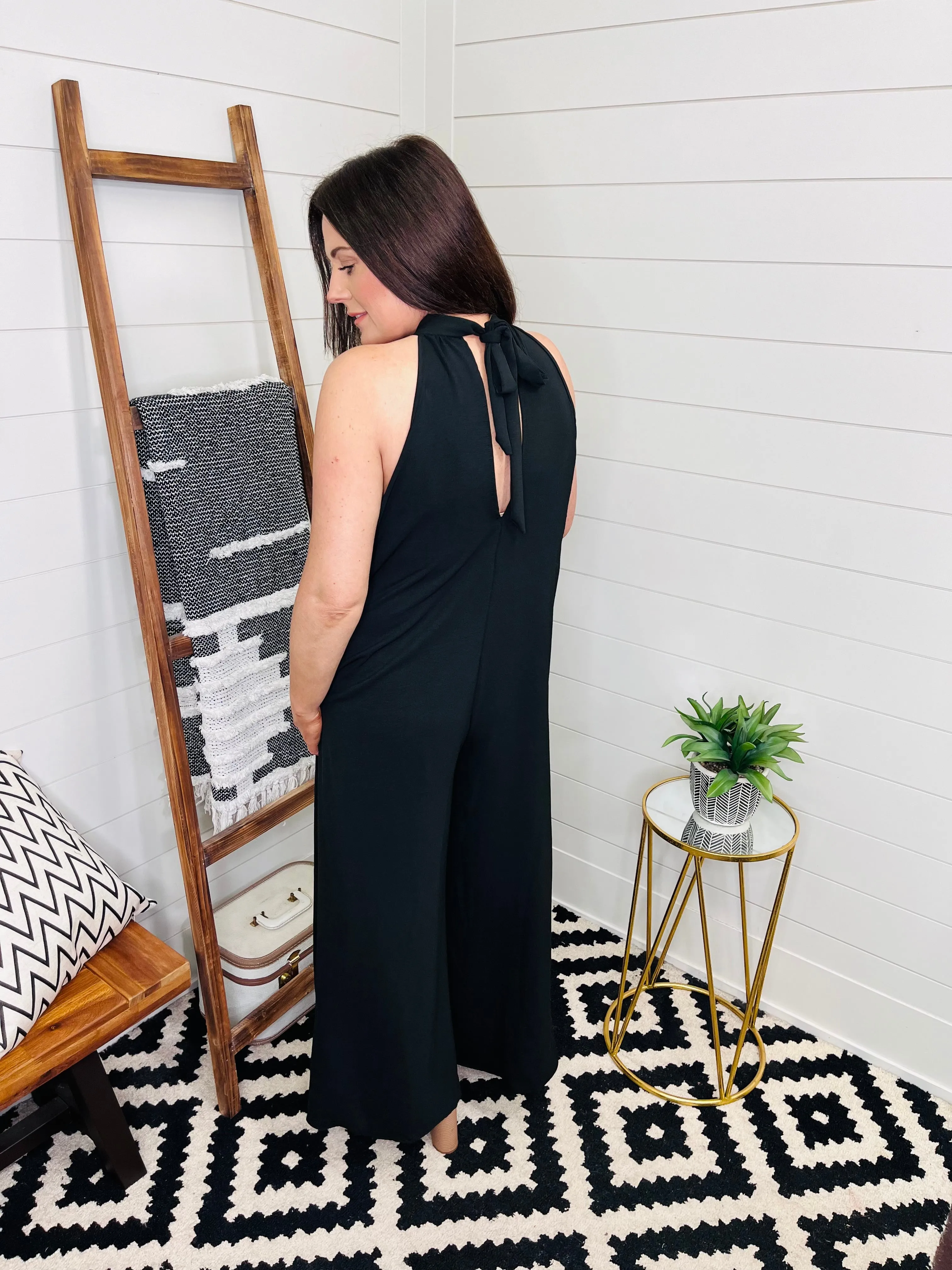 Bow Tie Halter Neck Wide Leg Jumpsuit with Pockets