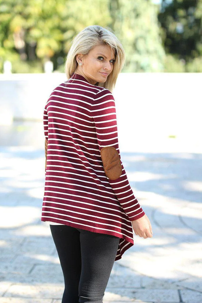 Burgundy Striped Cardigan with Elbow Patches