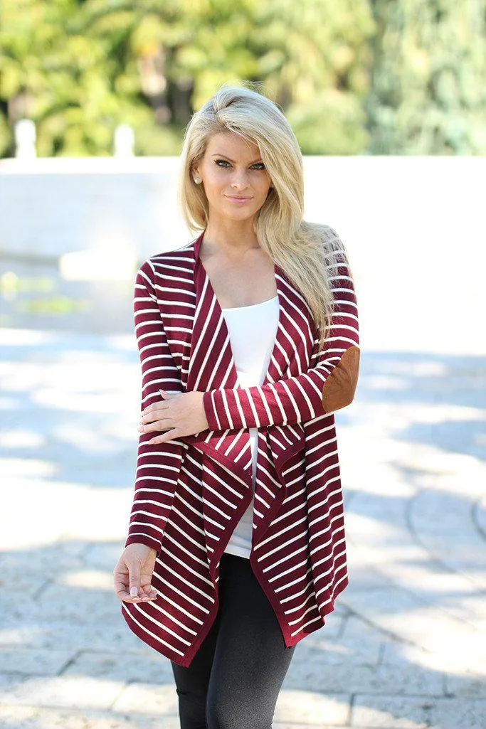 Burgundy Striped Cardigan with Elbow Patches