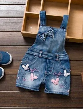 Butterflies Bowknot Design Pure Cotton Washed Denim Jumpsuits