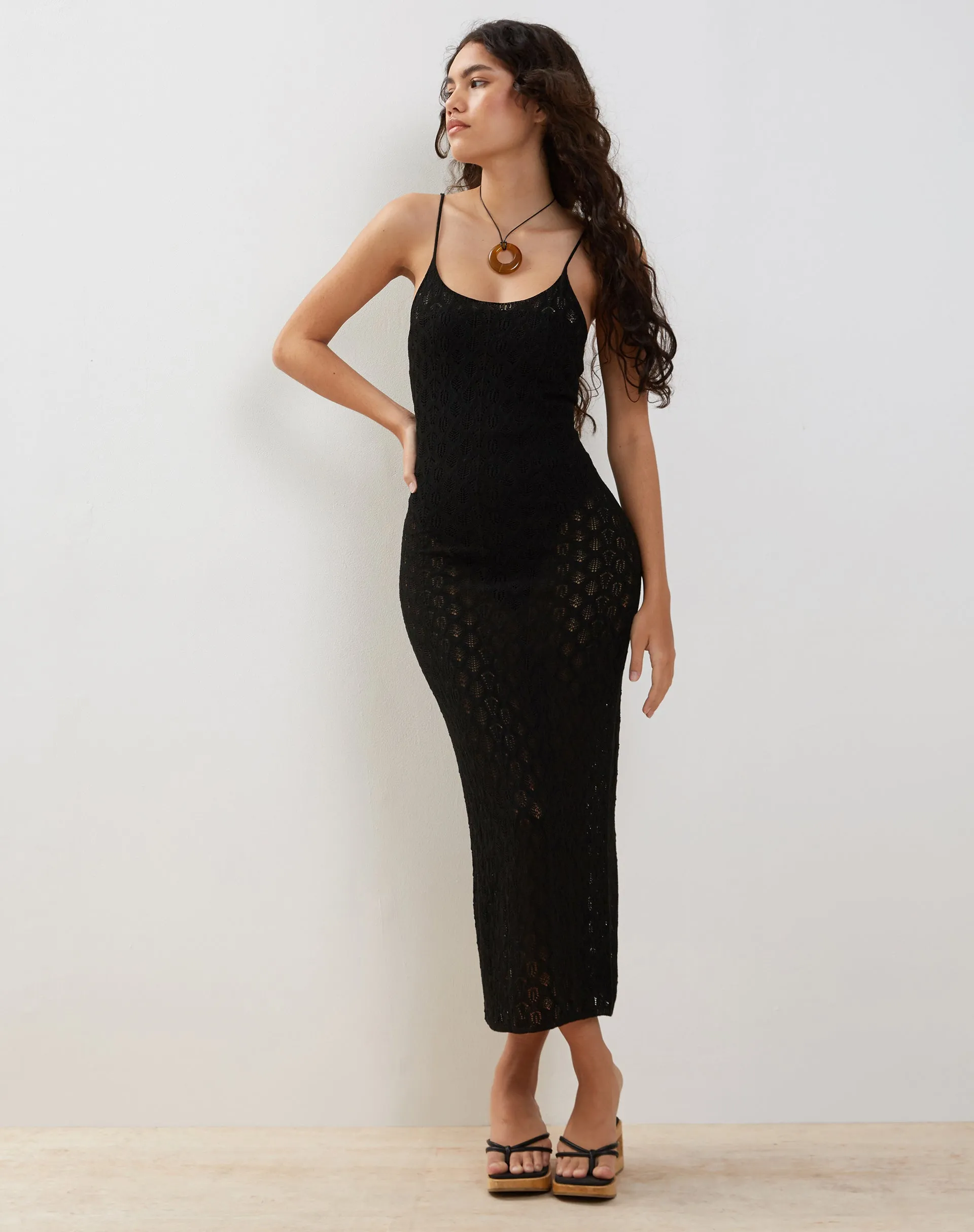 Caroline Strappy Maxi Dress in Mesh Black