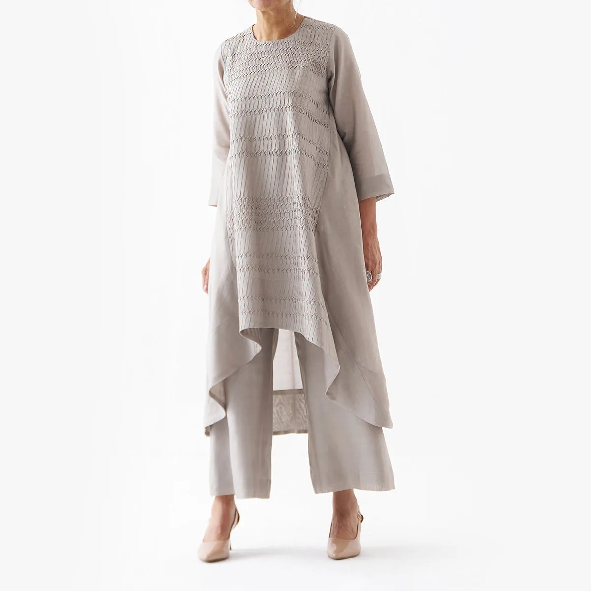 Chanderi Silk Kurta Pant Set | Grey | High-Low Hemline