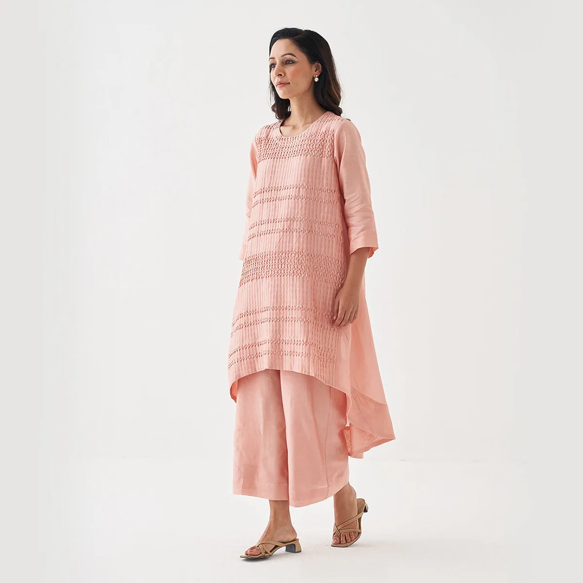 Chanderi Silk Kurta Pant Set | Peach | High-Low Hemline