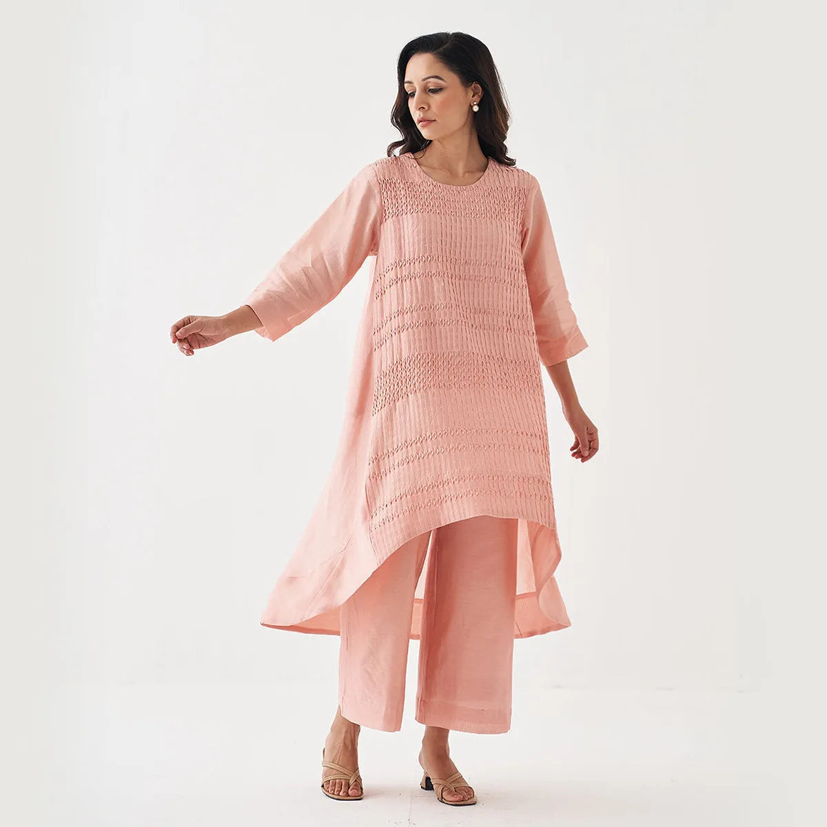 Chanderi Silk Kurta Pant Set | Peach | High-Low Hemline