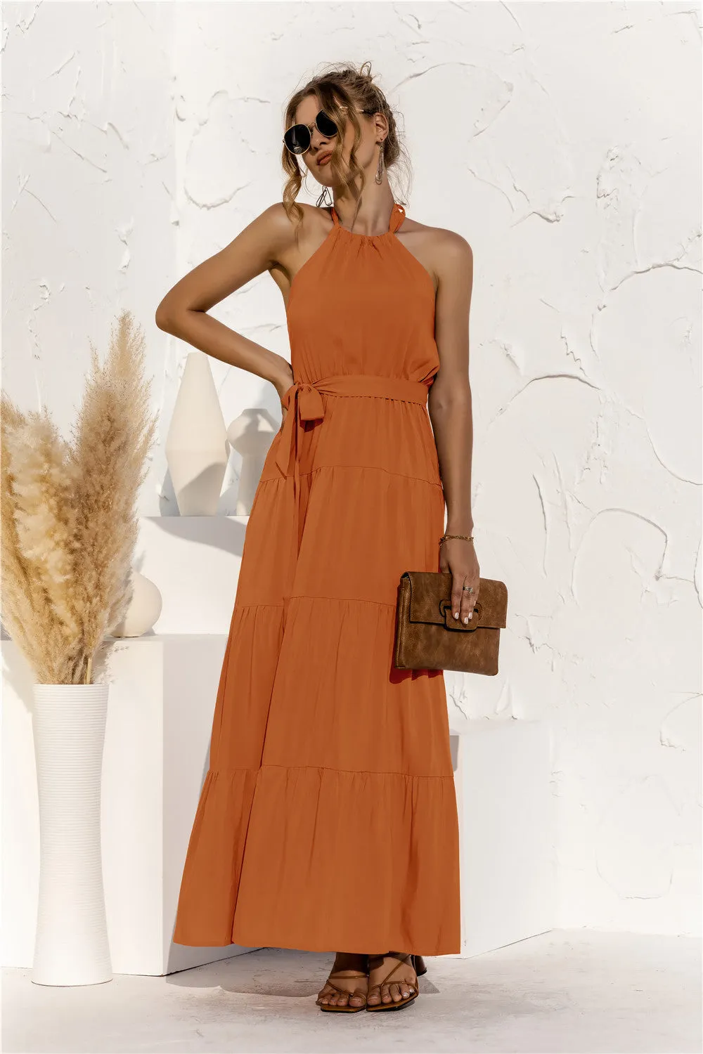 Collar Tie Waist Tiered Maxi Dress