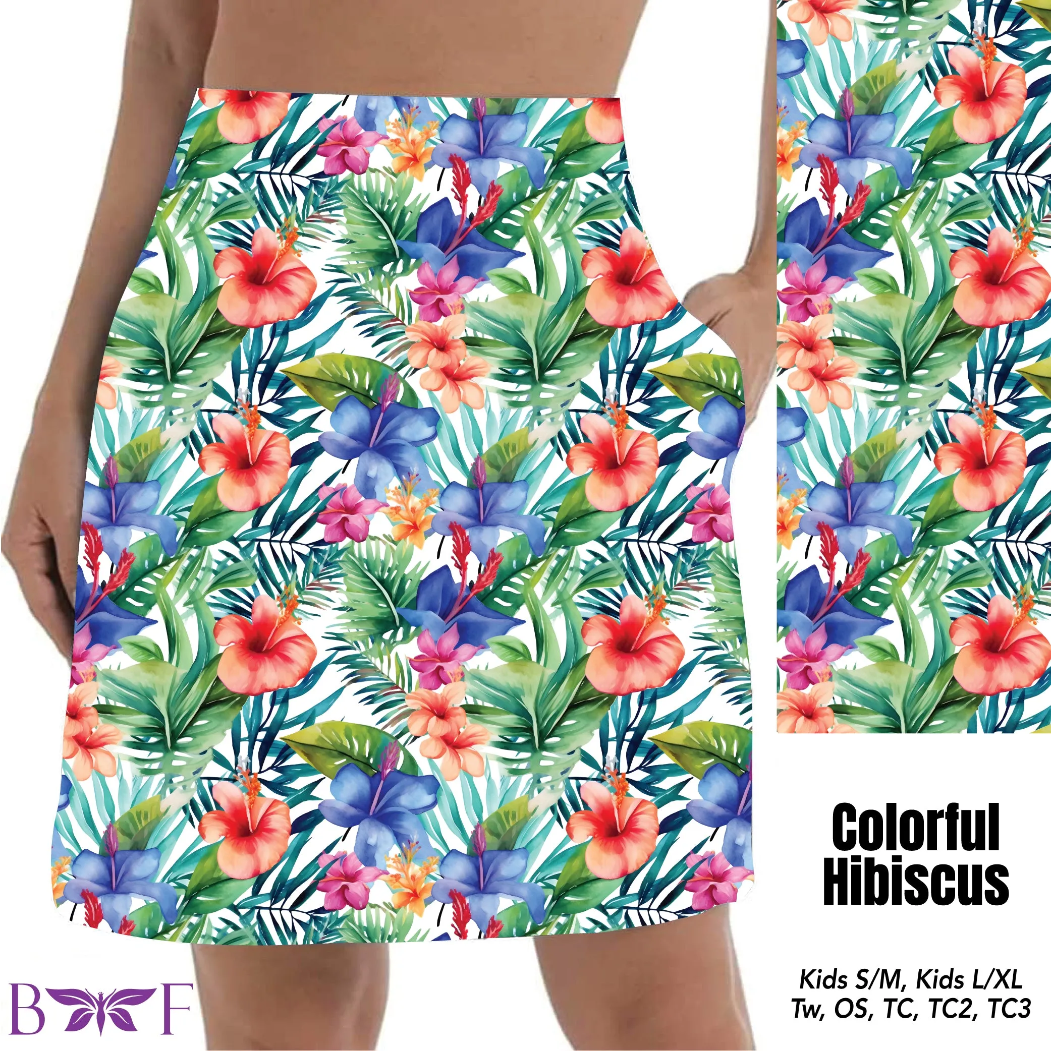 Colorful Hibiscus leggings, capris, and skorts with pockets