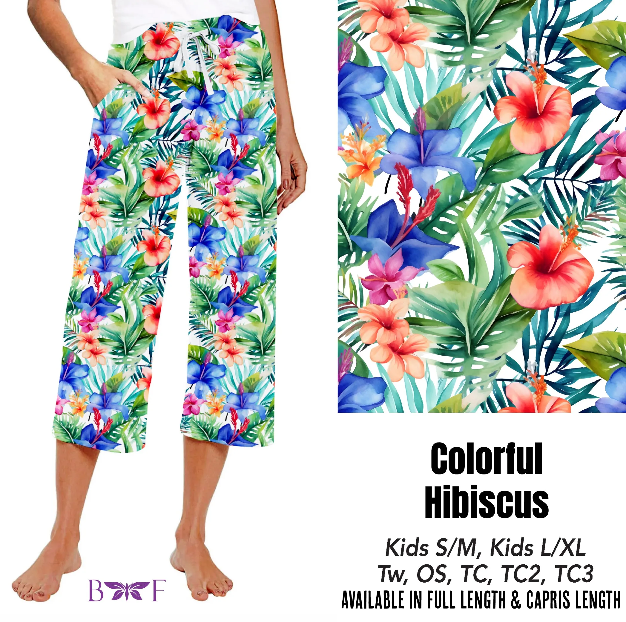 Colorful Hibiscus leggings, capris, and skorts with pockets