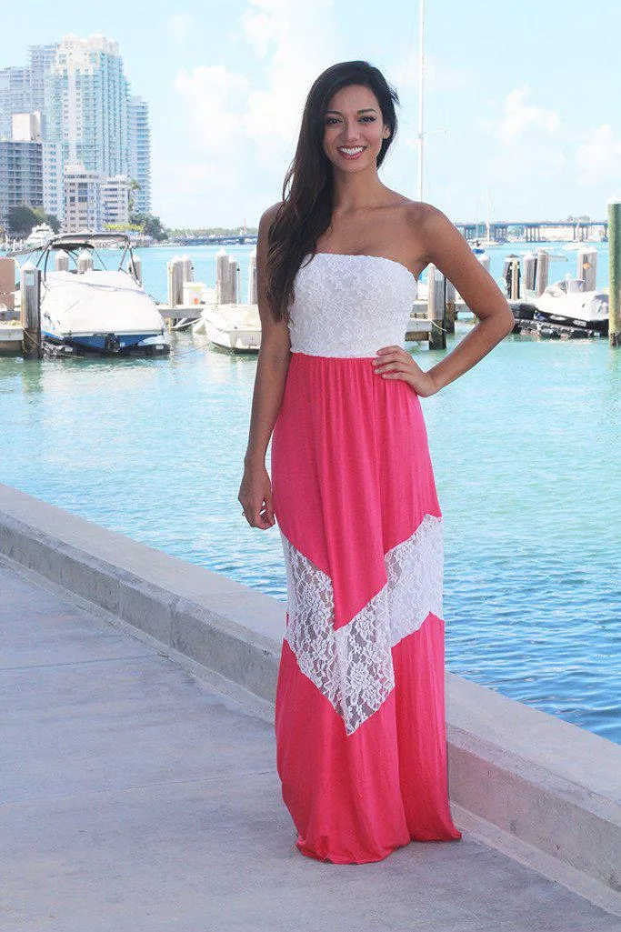 Coral and Ivory Chevron Maxi Dress with Lace