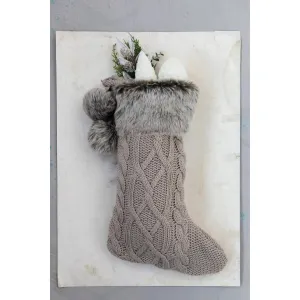 Cotton Knit Stocking with Faux Fur Cuff and Pom Poms