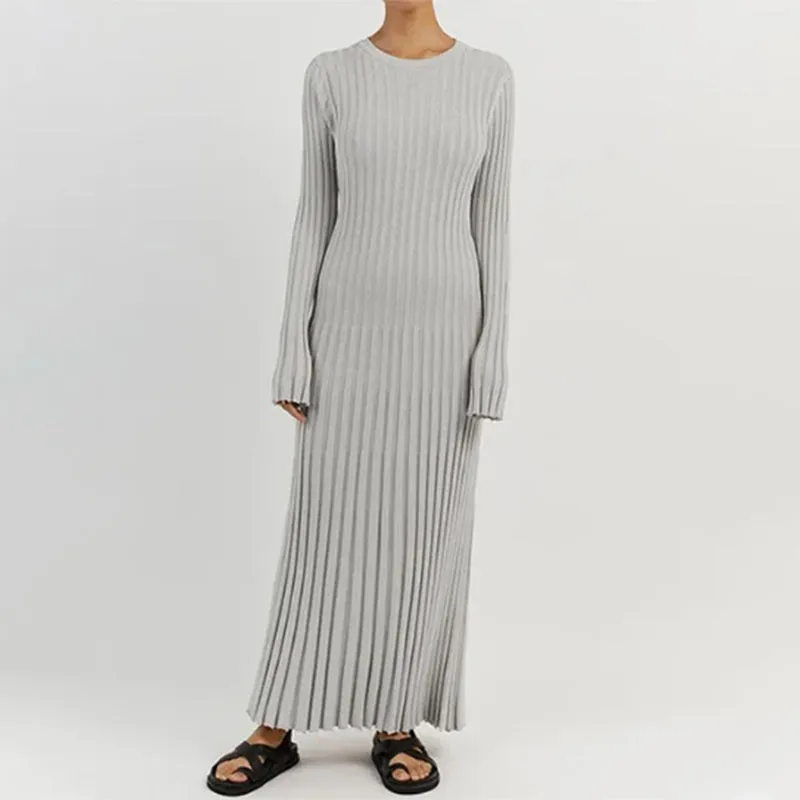 Cozy Winter Flare Long Sleeve Rib Knitted Maxi Dresses