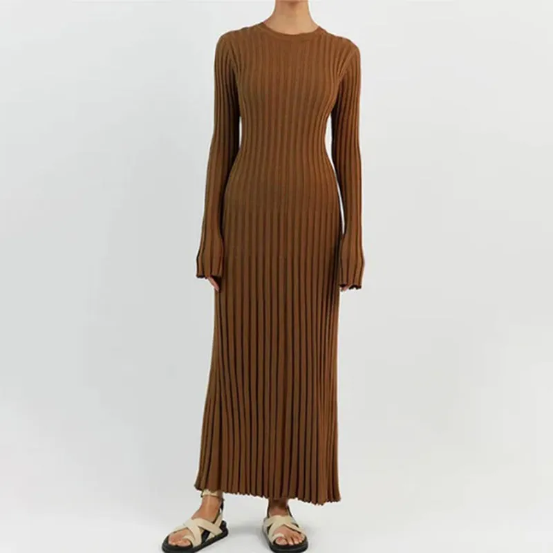 Cozy Winter Flare Long Sleeve Rib Knitted Maxi Dresses